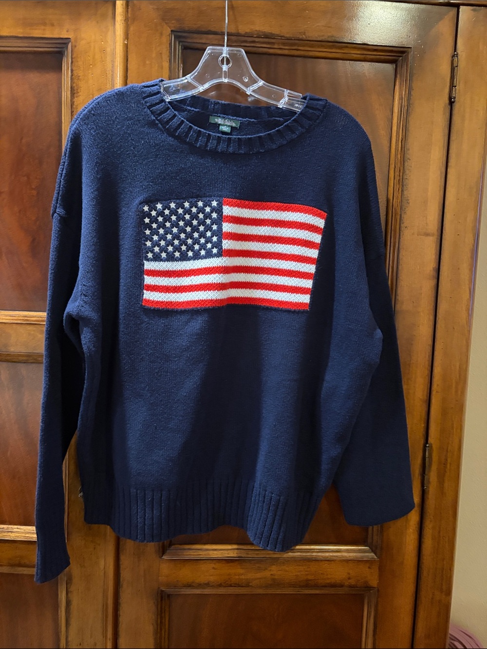 Navy Crewneck Sweater with Red & White Flag